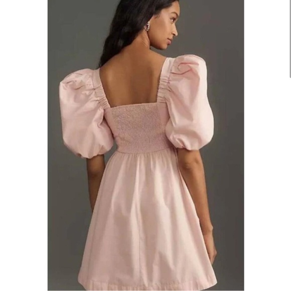 ANTHROPOLOGIE Pink Maeve Puff-Sleeve Smocked Mini Dress - Picture 4 of 17